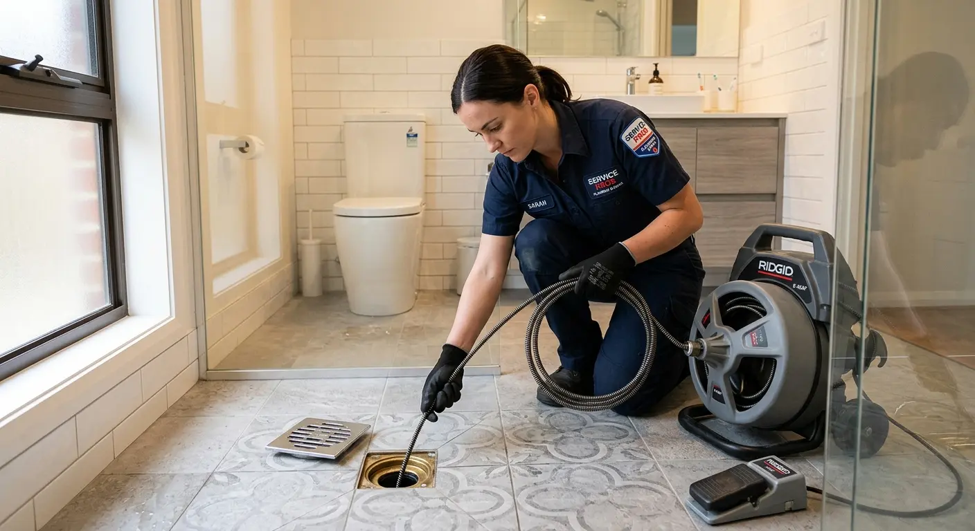 Technician clearing a bathroom floor drain for Hydro Jetting in Citrus Park